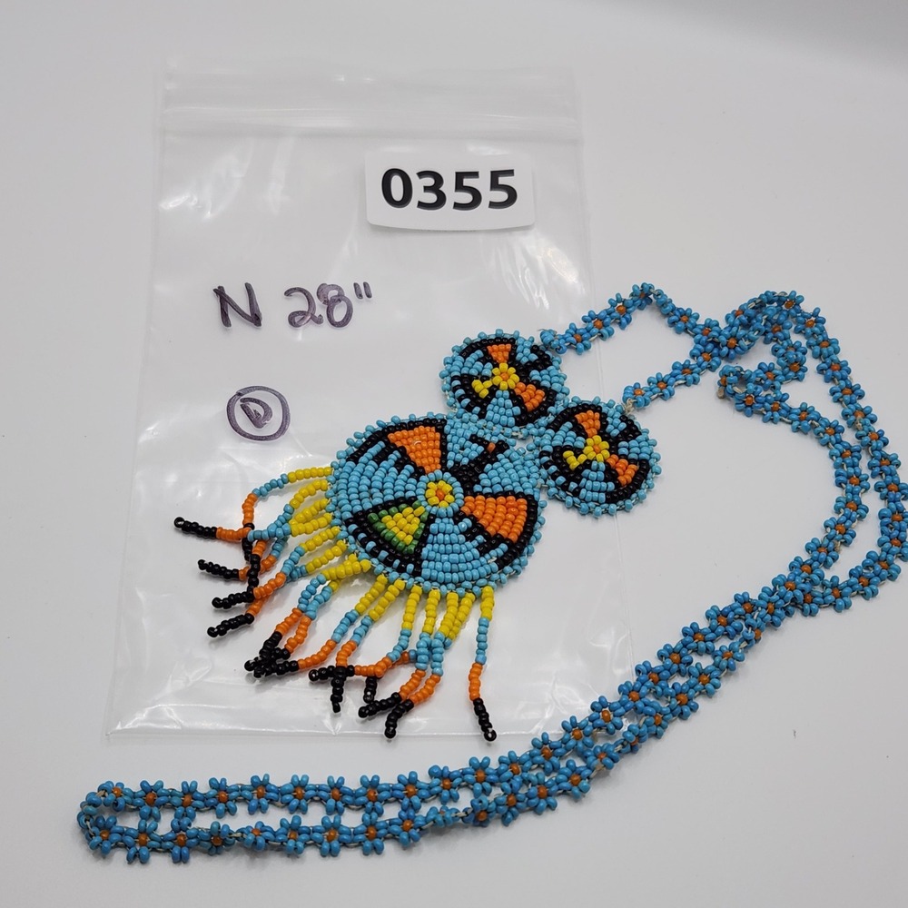 Native‎ Handmade Beaded Bird Necklace Folk Art Seed Bead Boho Fringed Blue - Picture 5 of 6